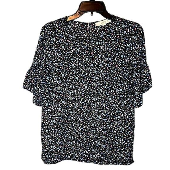 LOFT Black Ditsy Floral Blouse Flutter Sleeves Keyhole Button Back Closure Small - Picture 1 of 8